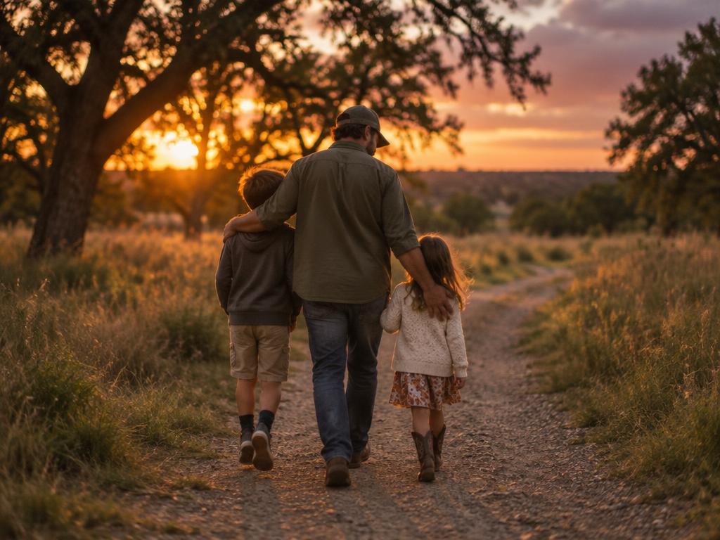 A father walking with his two children along a park path at sunset