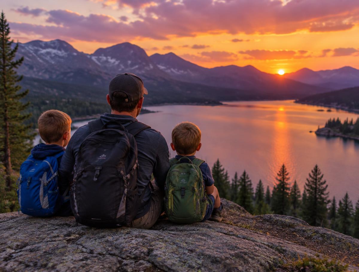 A father and his two sons looking across a mountain lake